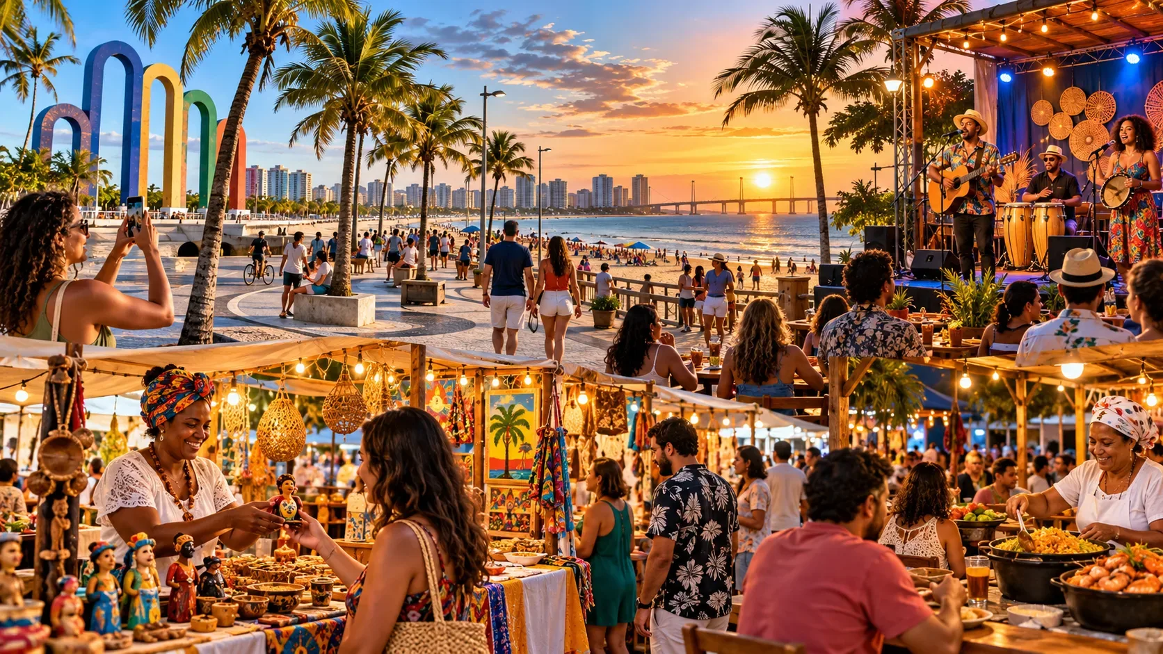 Ilustração editorial de lazer à beira-mar ao pôr do sol, com palmeiras, feira de artesanato e gastronomia, música ao vivo e visitantes; não retrata um evento real.