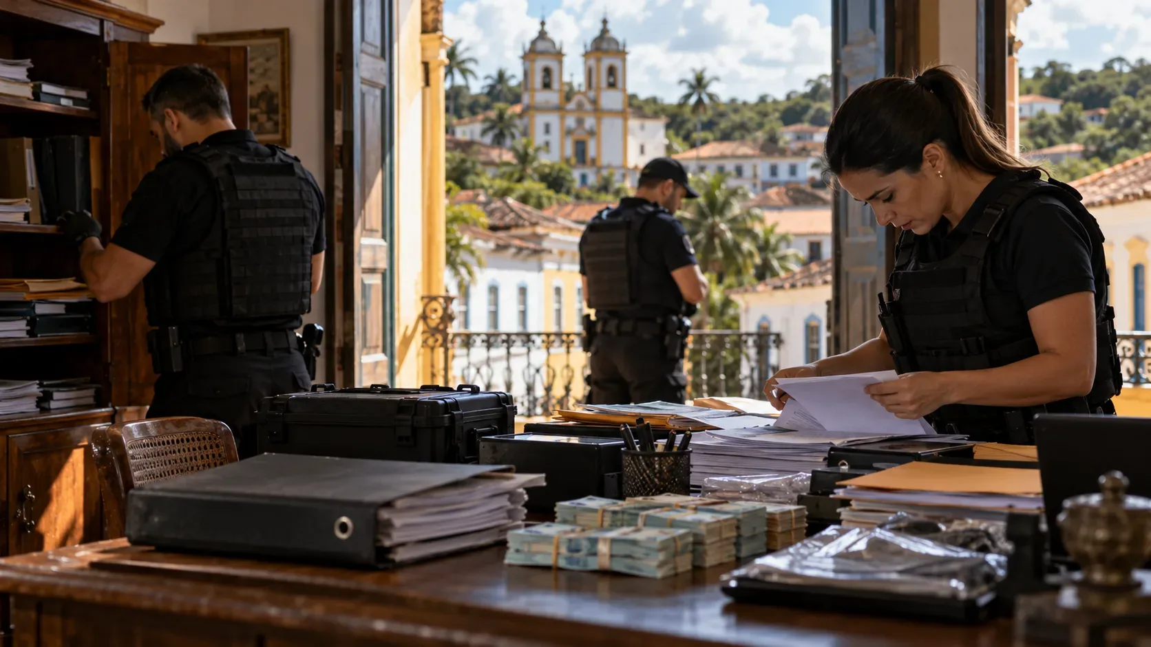 Ilustração editorial de agentes em roupas escuras examinando documentos em sala com dinheiro sobre a mesa e arquitetura histórica ao fundo; não é registro da operação.