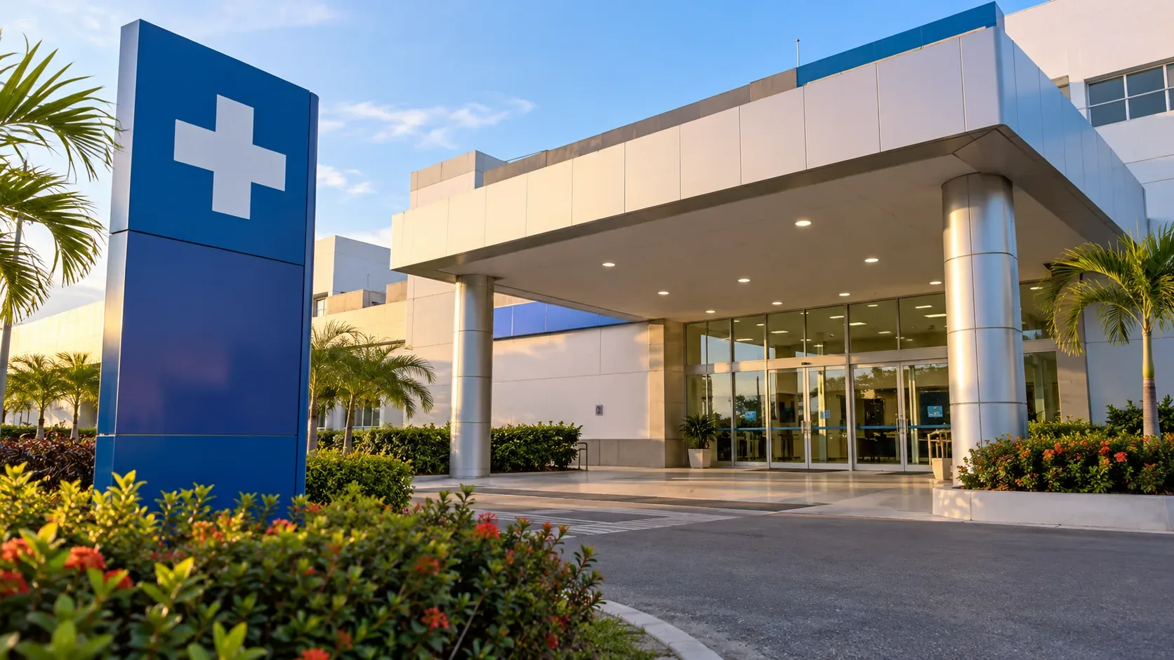 Ilustração editorial de entrada genérica de hospital moderno, com fachada de vidro, jardins e placa azul com cruz branca; não representa o Hospital São Lucas.