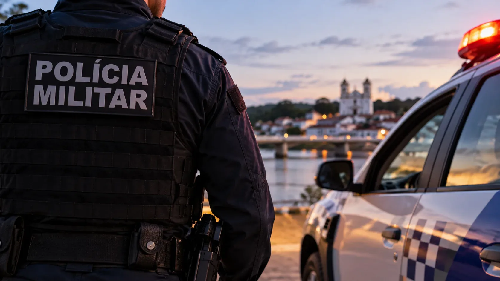 Imagem ilustrativa de policial militar visto de costas ao lado de viatura, com cidade ribeirinha e céu ao entardecer ao fundo.