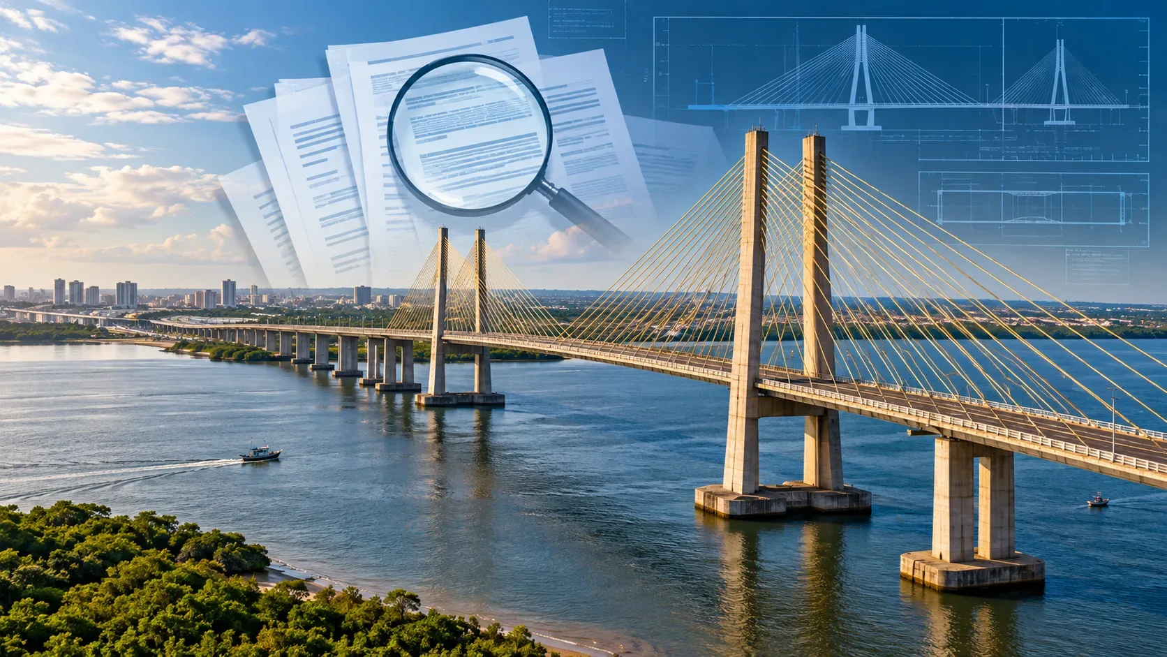 Ilustração editorial de ponte estaiada sobre um rio, com documentos, lupa e desenhos técnicos transparentes sobrepostos.
