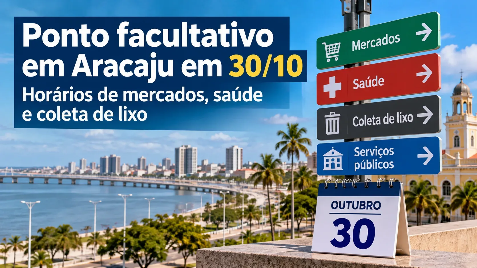 Arte digital editorial com vista ilustrativa da orla de Aracaju, placas de mercados, saúde e coleta de lixo e calendário marcando 30 de outubro.