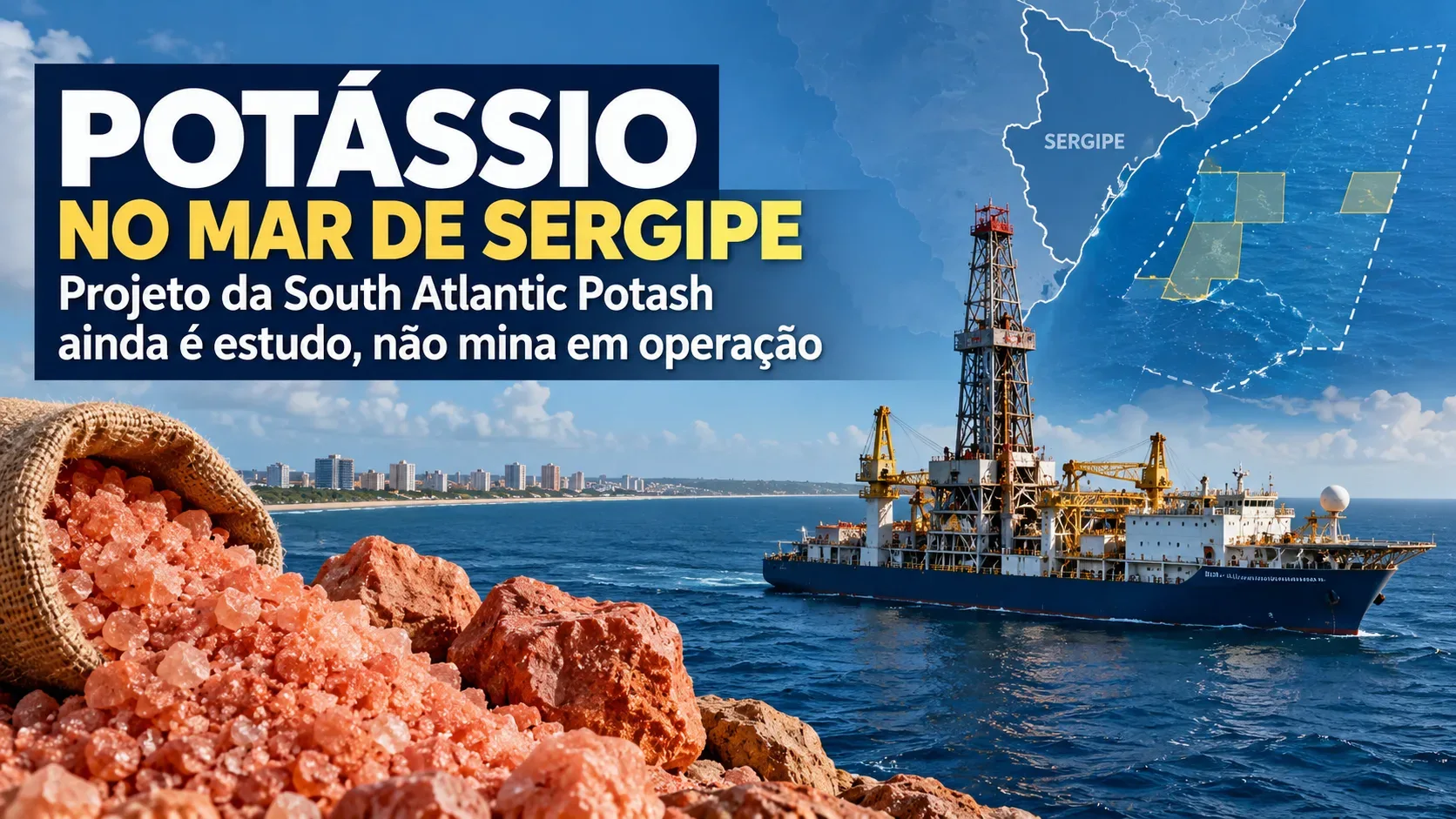 Capa editorial ilustrativa com navio de perfuração no mar, mapa estilizado de Sergipe, cristais avermelhados de potássio e manchete em português sobre projeto ainda em estudo.