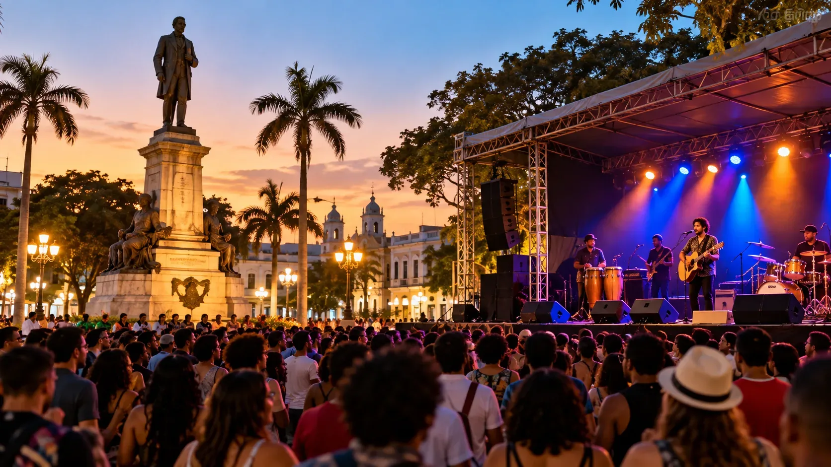 Ilustração editorial de show ao ar livre ao entardecer, com palco iluminado, músicos, público, palmeiras e monumento; cena conceitual, não fotografia do evento.