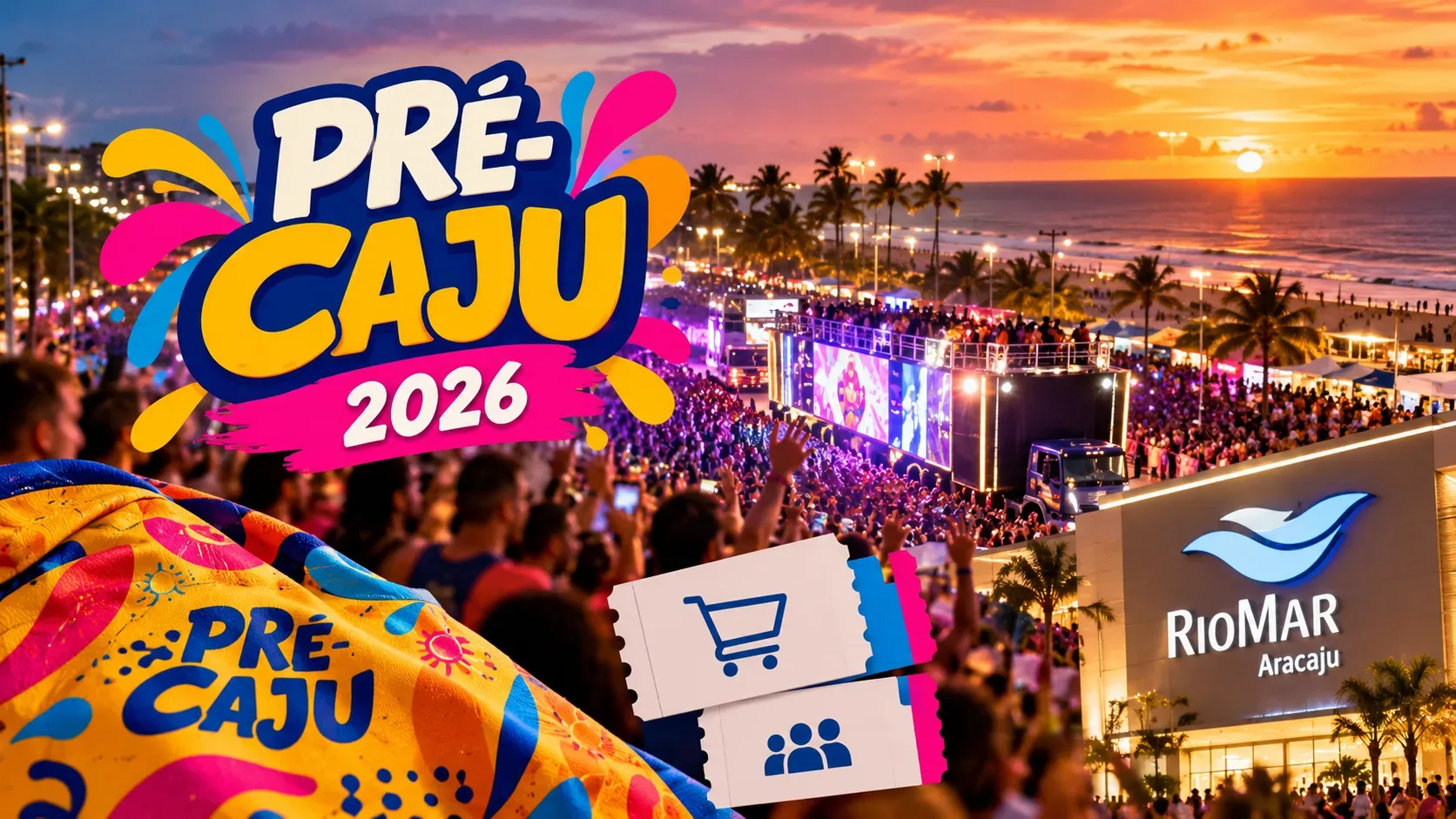 Montagem editorial digital da festa na orla ao pôr do sol, com multidão, trio elétrico, abadá amarelo, ingresso ilustrado e os nomes Pré-Caju 2026 e RioMar Aracaju.