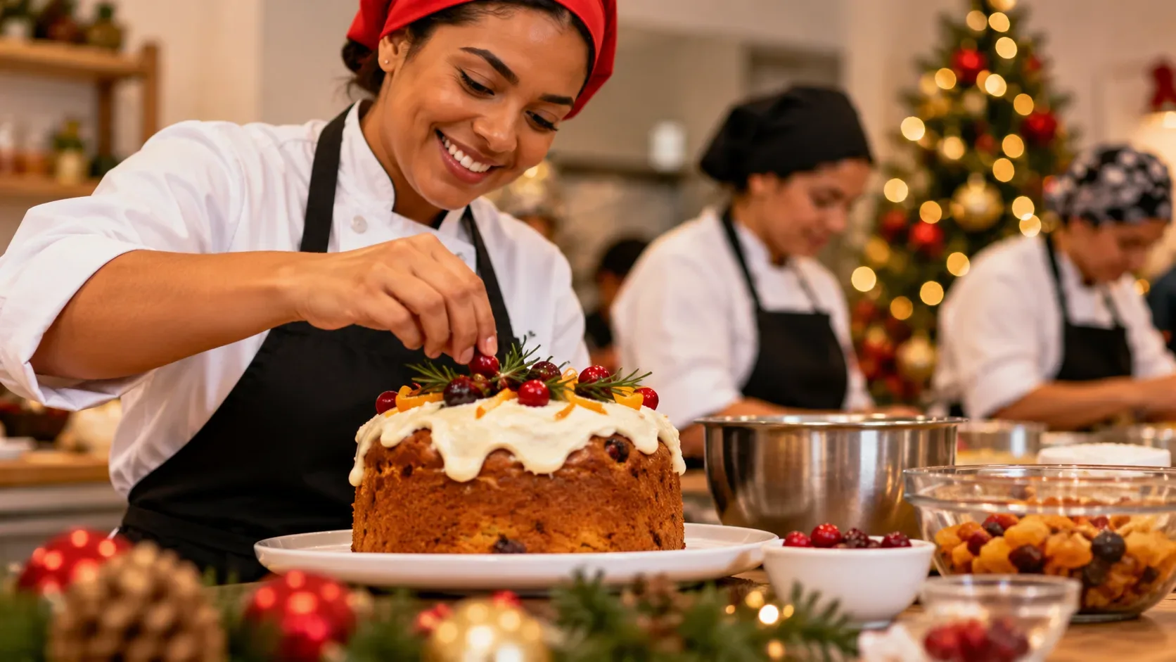 Pessoa com uniforme de cozinha e lenço vermelho decora bolo natalino com frutas, com colegas e árvore iluminada ao fundo.