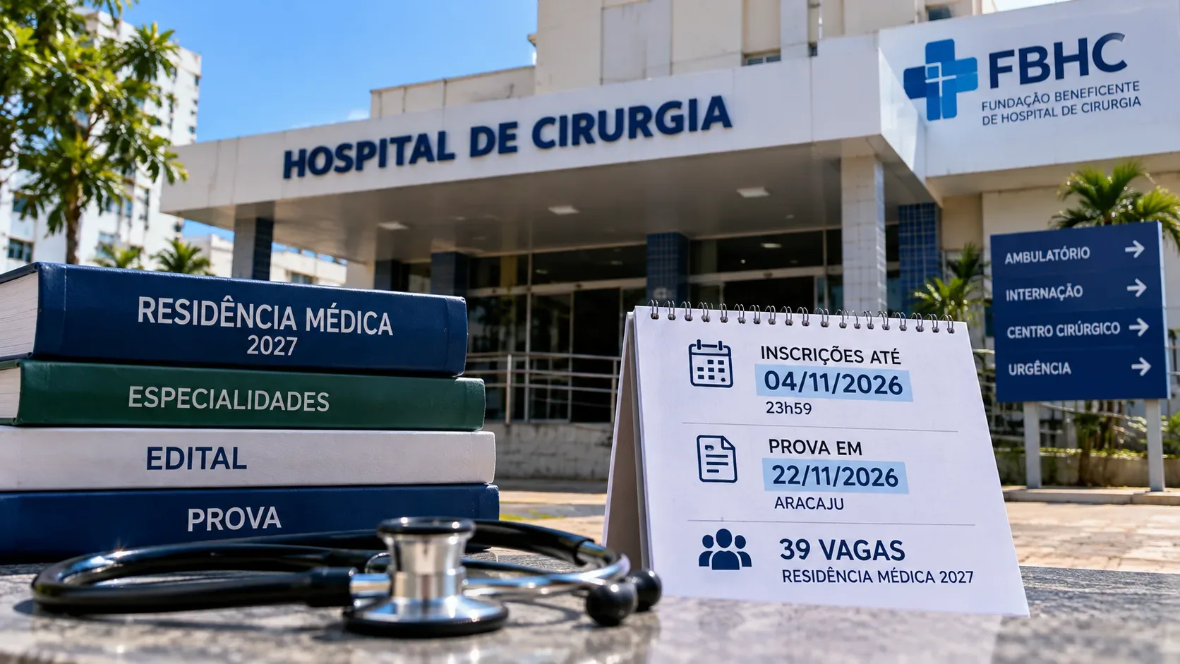 Arte editorial ilustrativa com fachada hospitalar, livros de residência médica, estetoscópio e calendário da seleção de 2027.