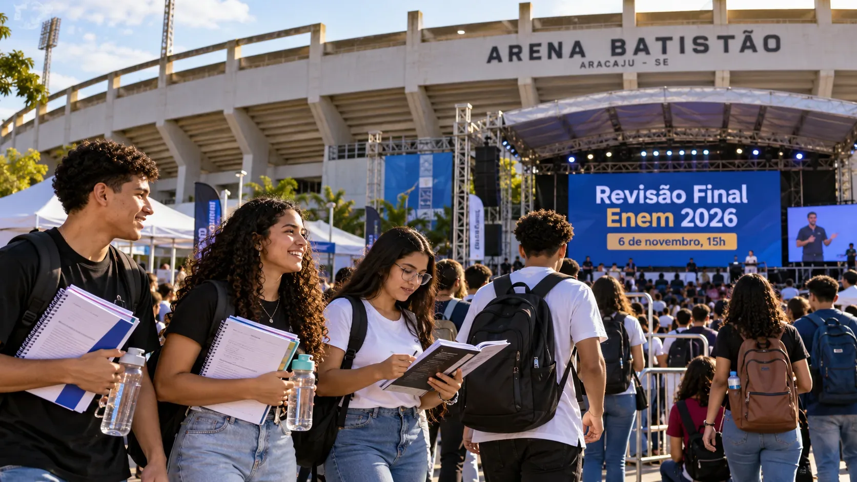 Ilustração editorial com estudantes segurando cadernos e mochilas diante de uma representação da Arena Batistão e de um palco de revisão do Enem 2026.