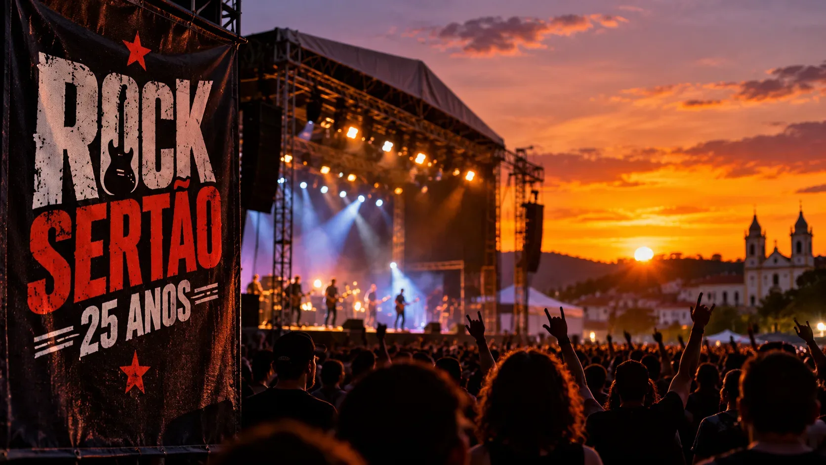 Ilustração editorial de show de rock ao pôr do sol, com palco iluminado, público em silhueta e faixa com o nome Rock Sertão 25 anos.
