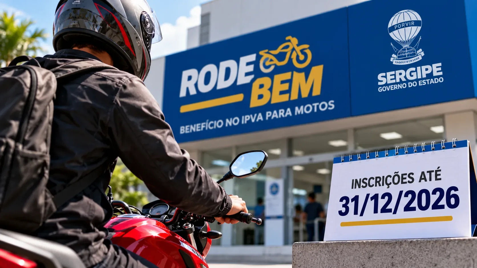 Motociclista de capacete sobre moto vermelha diante de prédio com identificação do Rode Bem em Sergipe e calendário com o prazo de 31 de dezembro de 2026.