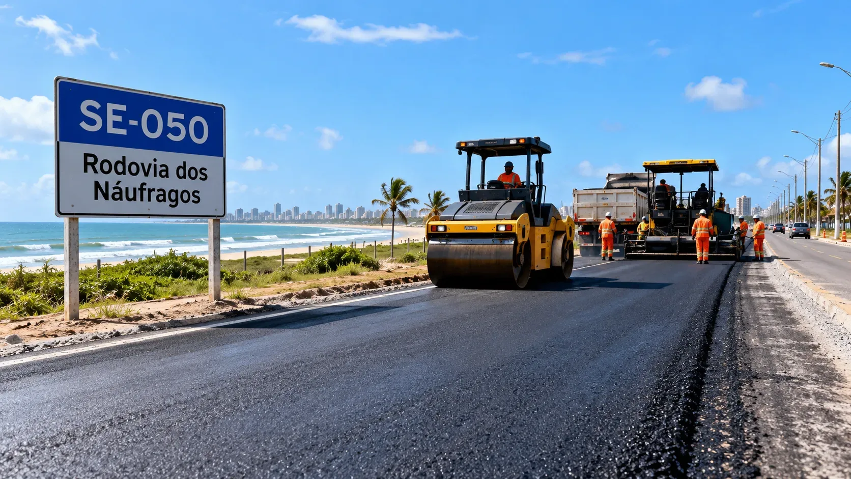 Ilustração editorial sintética de obra rodoviária costeira, com rolo compactador, pavimentadora, trabalhadores, asfalto novo e placa SE-050, sem representar fotografia da obra real.
