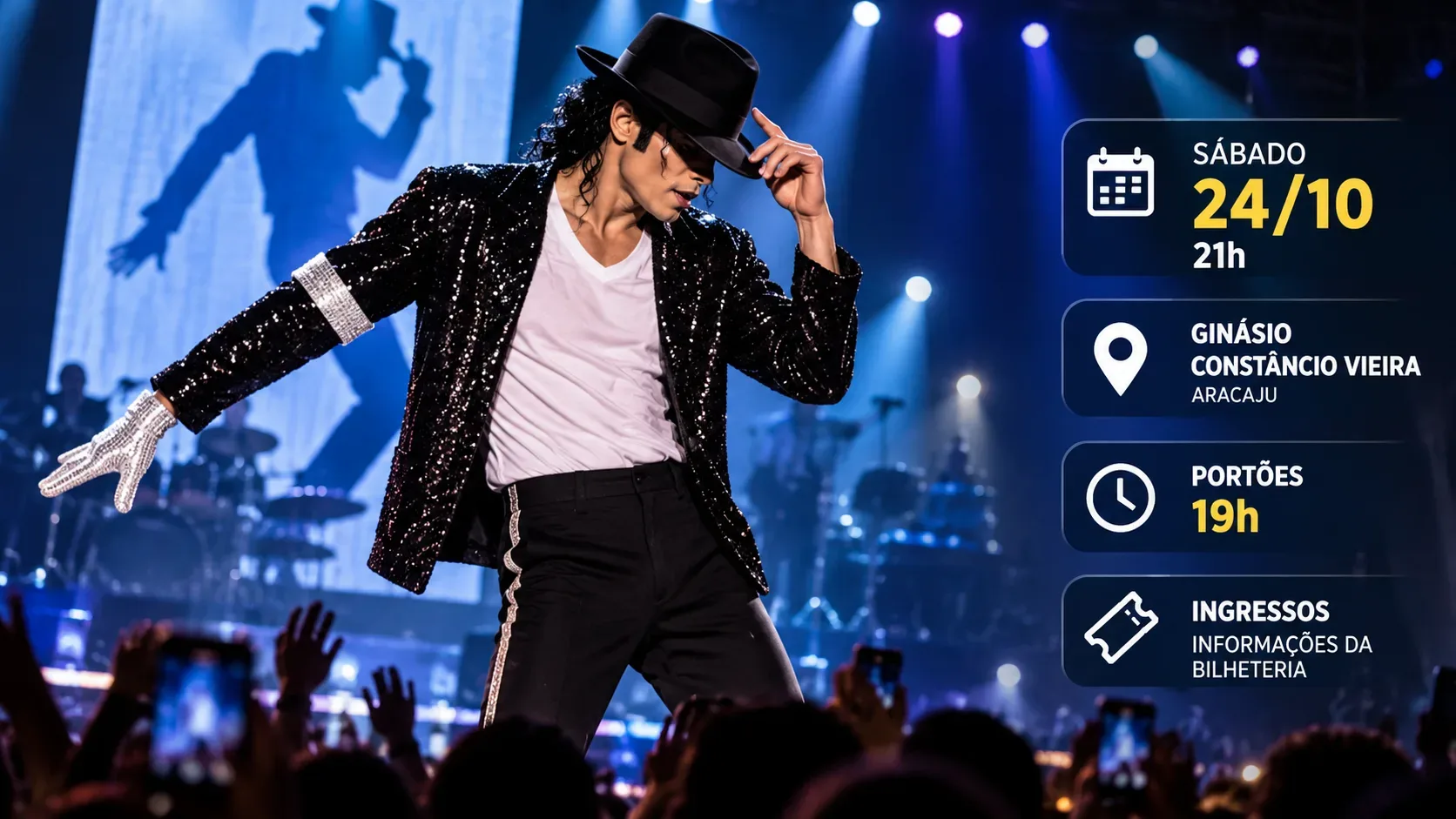 Ilustração editorial de intérprete inspirado em Michael Jackson com chapéu preto, luva branca e jaqueta de paetês no palco iluminado de azul; painéis exibem a data 24/10, o ginásio e os horários anunciados.