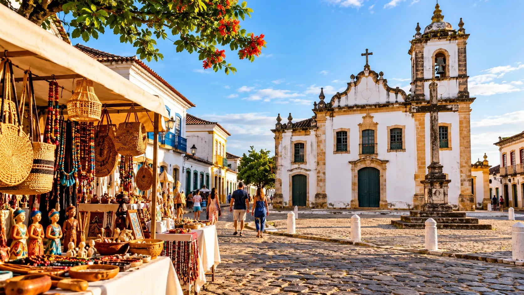 Ilustração editorial em estilo fotográfico de banca de artesanato, praça de pedras e construções coloniais com igreja em São Cristóvão.