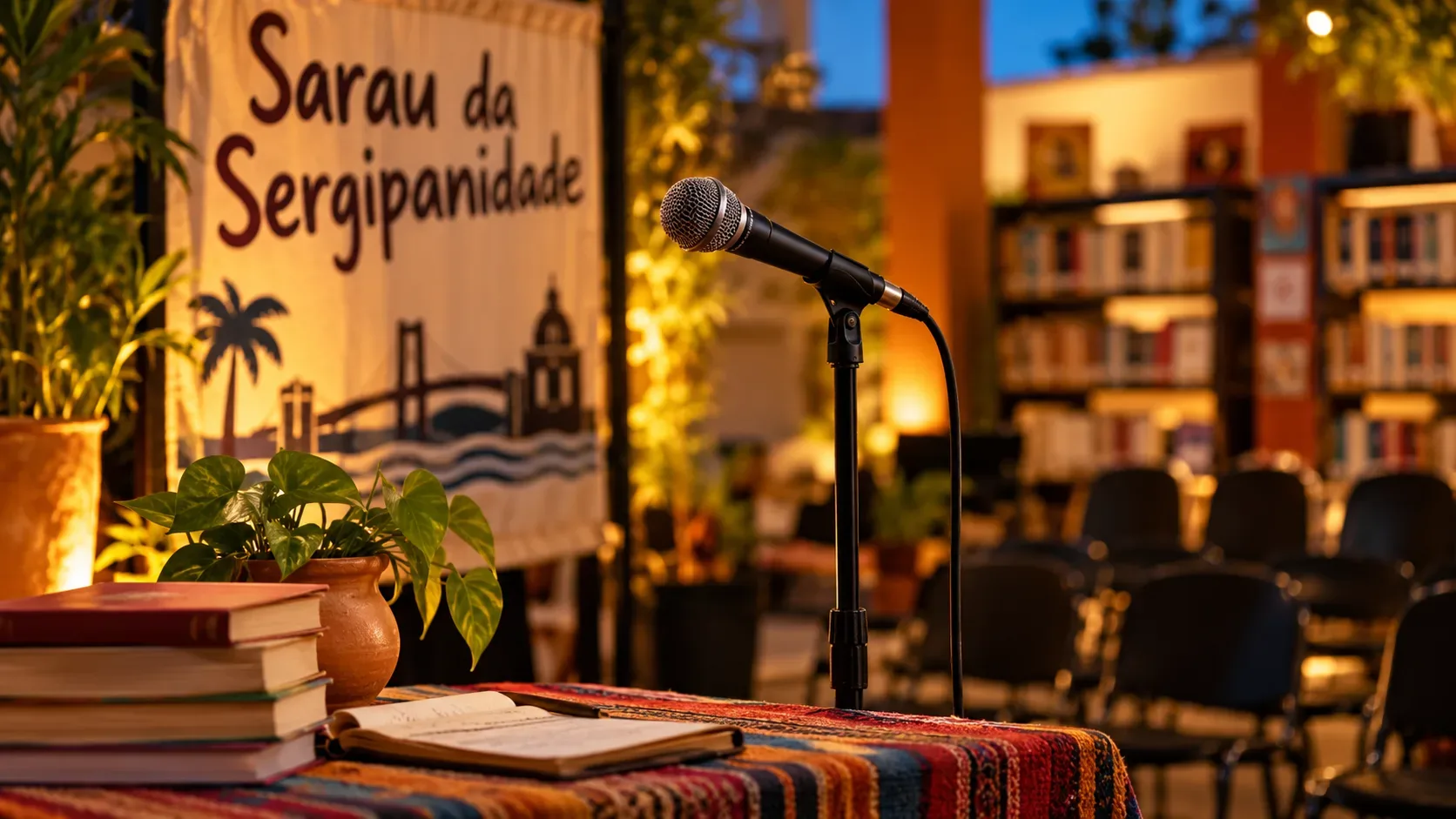 Microfone diante de cadeiras em uma biblioteca iluminada, com livros, caderno aberto, plantas e faixa do Sarau da Sergipanidade.