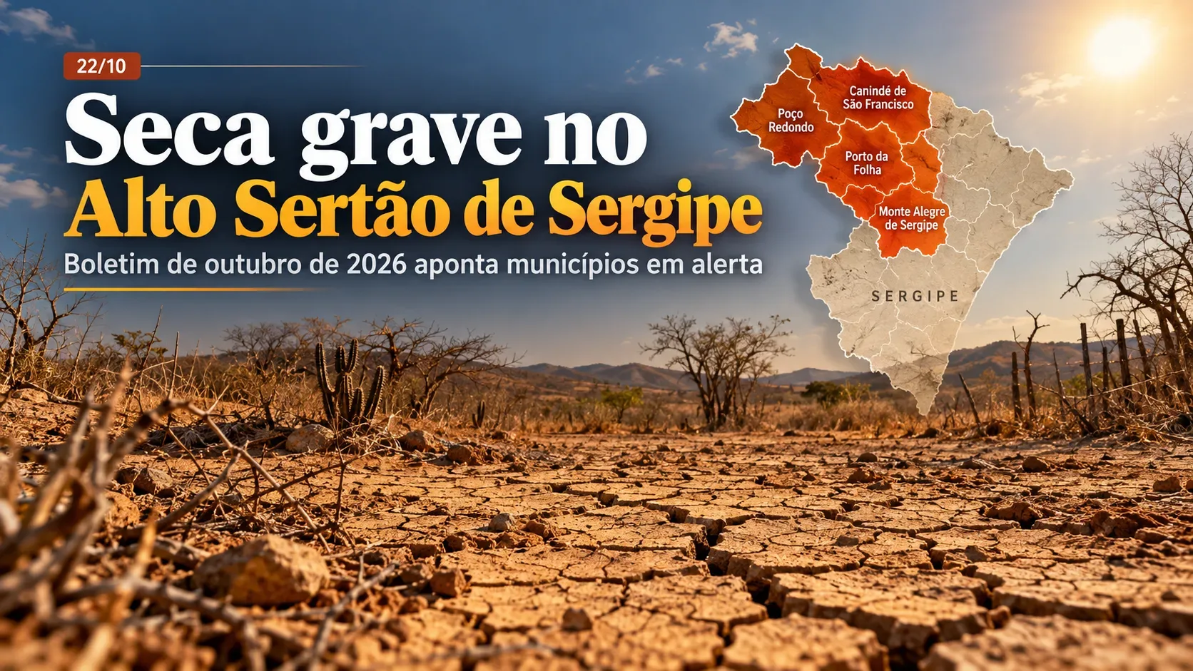 Arte editorial com solo rachado, vegetação seca e céu ensolarado, além de mapa ilustrativo de Sergipe com quatro municípios destacados e manchete sobre seca grave.
