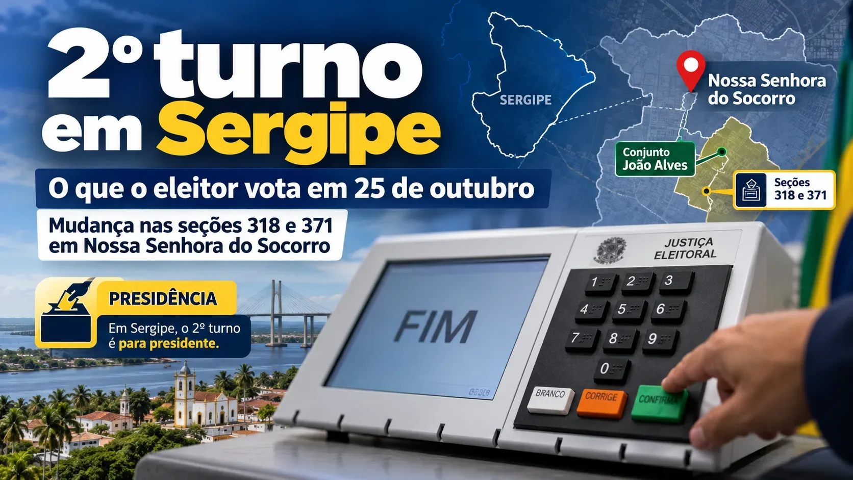 Arte editorial com urna eletrônica em primeiro plano, mapa estilizado de Sergipe e Nossa Senhora do Socorro, destaque para o conjunto João Alves e seções 318 e 371, em azul e amarelo.