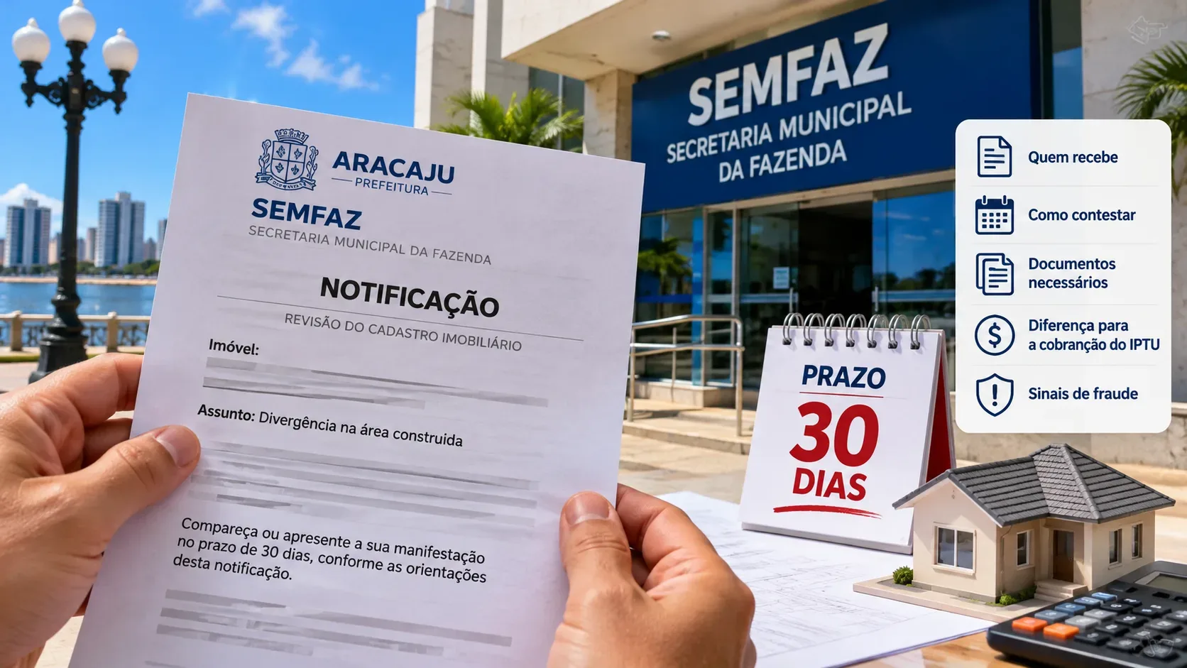 Arte ilustrativa de mãos segurando uma notificação fictícia da Semfaz, com calendário de 30 dias, maquete de casa e fachada institucional ao fundo.