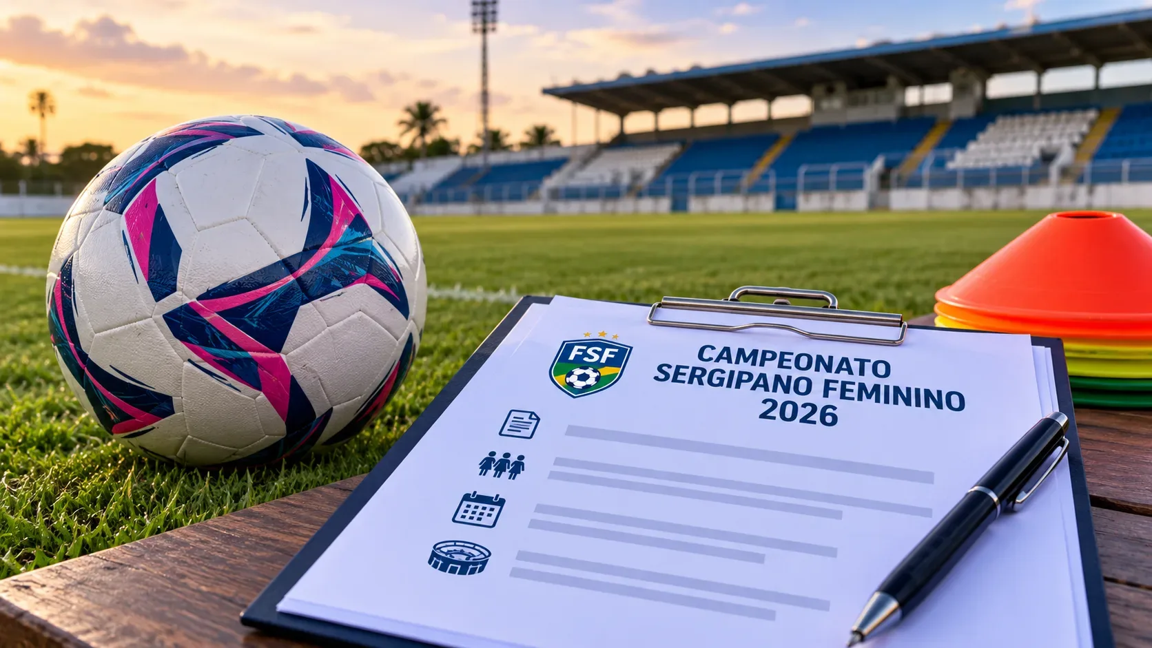 Ilustração editorial com bola de futebol branca, azul e rosa no gramado, prancheta com formulário de campeonato e caneta, cones de treino e arquibancadas ao fundo.