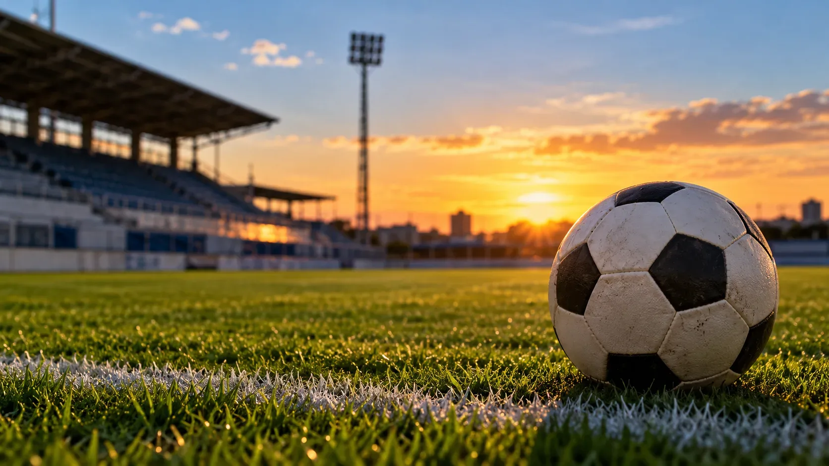 Ilustração editorial de bola de futebol sobre o gramado de um estádio genérico, com arquibancadas ao fundo e céu alaranjado ao pôr do sol.