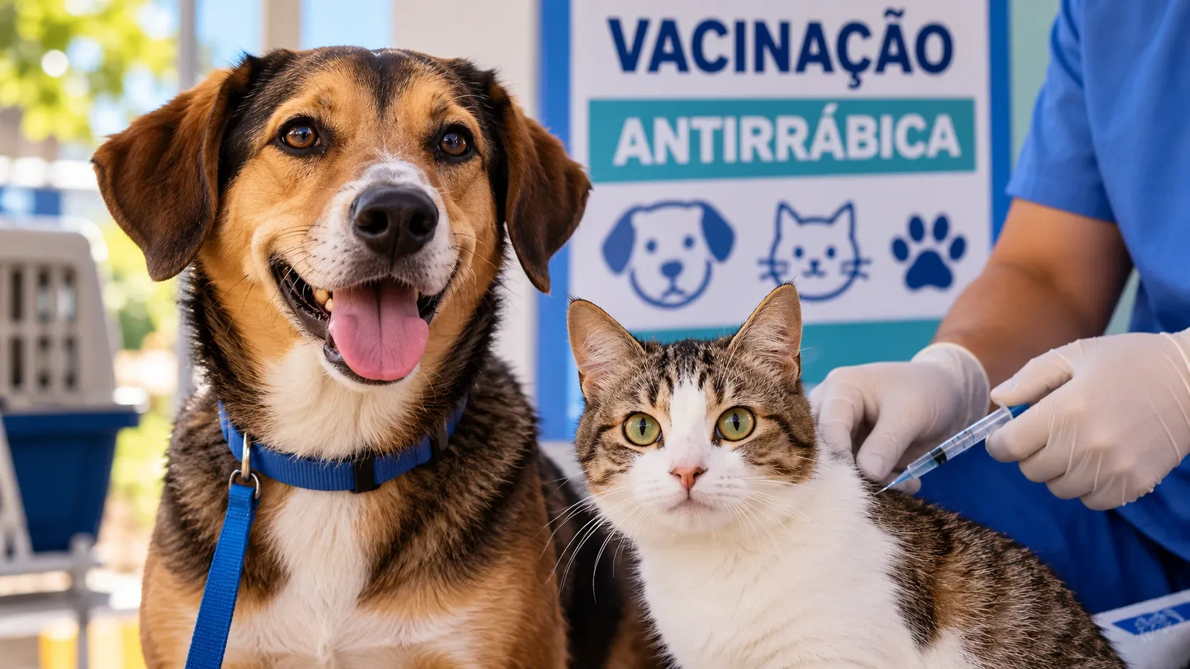 Ilustração editorial com cão e gato em primeiro plano, profissional de saúde com luvas e seringa e placa de vacinação antirrábica ao fundo.