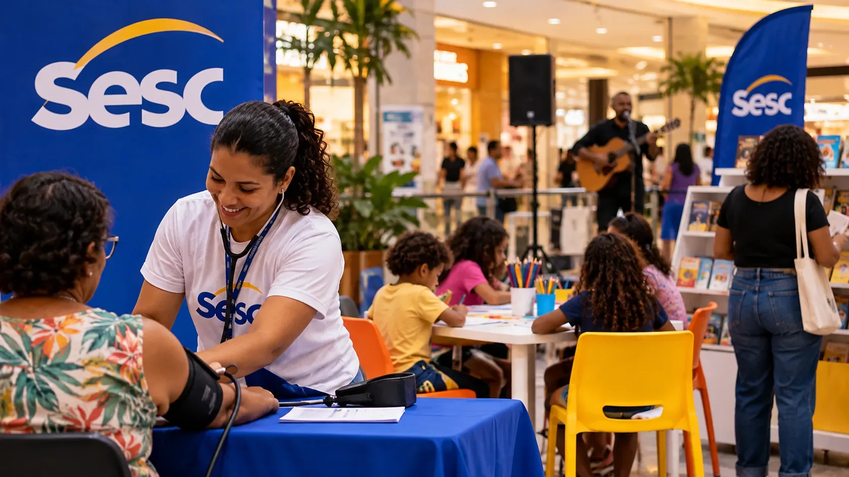 Arte editorial de evento do Sesc em shopping, com aferição de pressão arterial, crianças em oficina de artes e músico ao fundo.