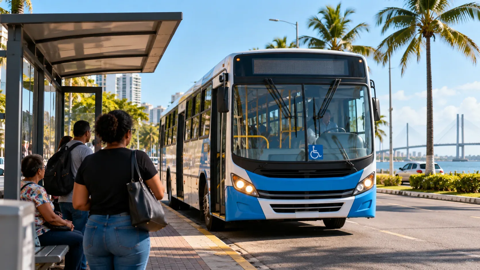 Ilustração editorial de ônibus urbano azul e branco ao lado de abrigo de passageiros em avenida ensolarada com palmeiras e ponte ao fundo.