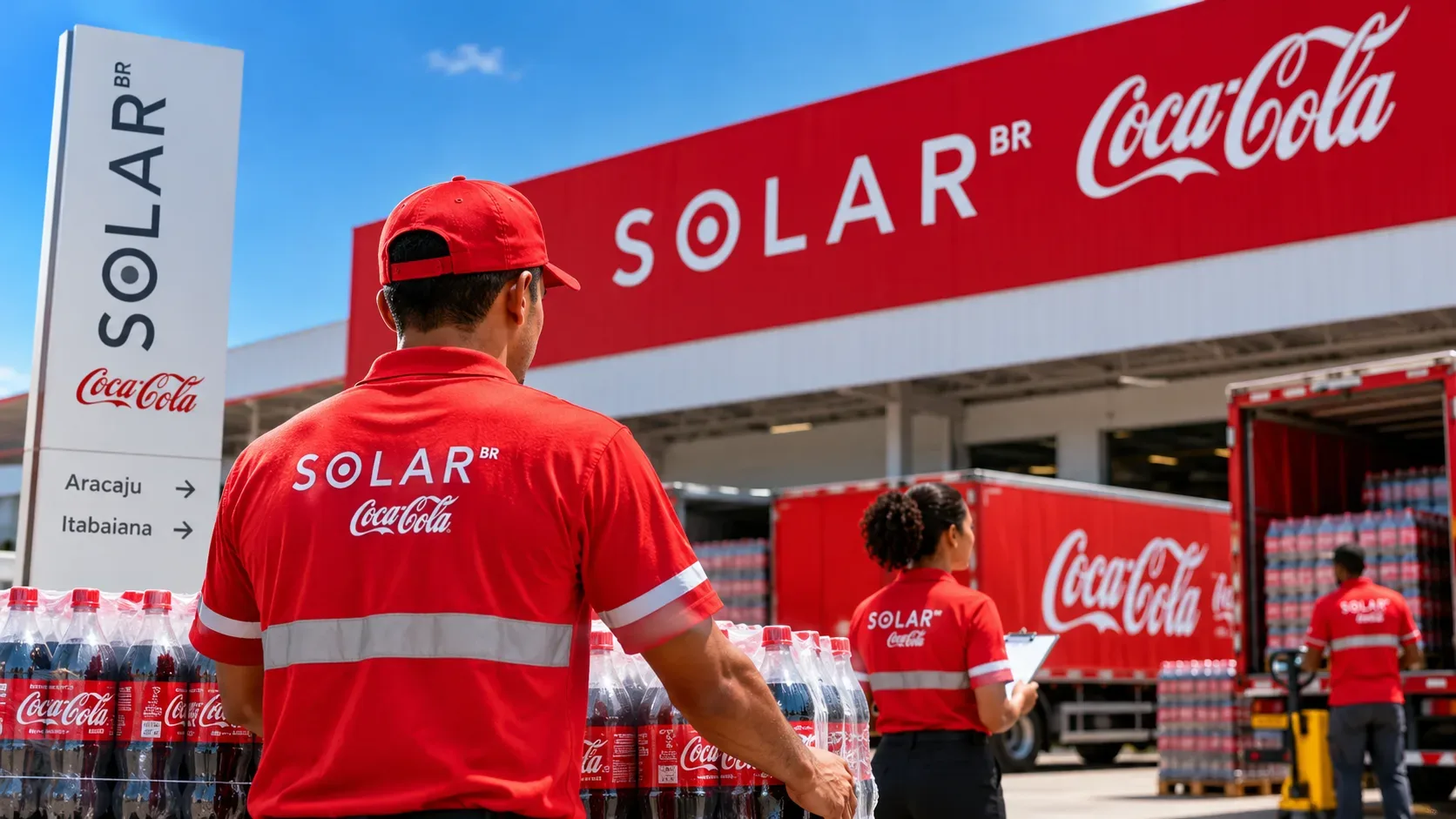 Ilustração de funcionários de uniforme vermelho em um centro de distribuição da Solar Coca-Cola, com caminhões e caixas de bebidas.