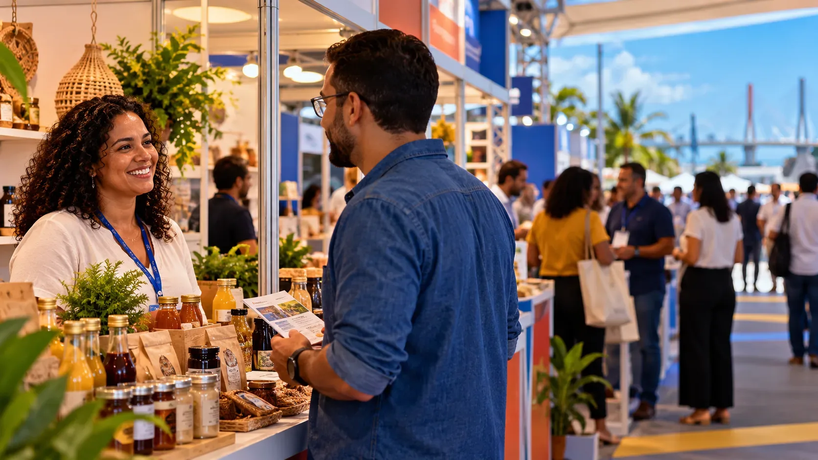 Ilustração editorial de uma feira de negócios com pequenos comerciantes conversando diante de produtos expostos, estandes e visitantes ao fundo.
