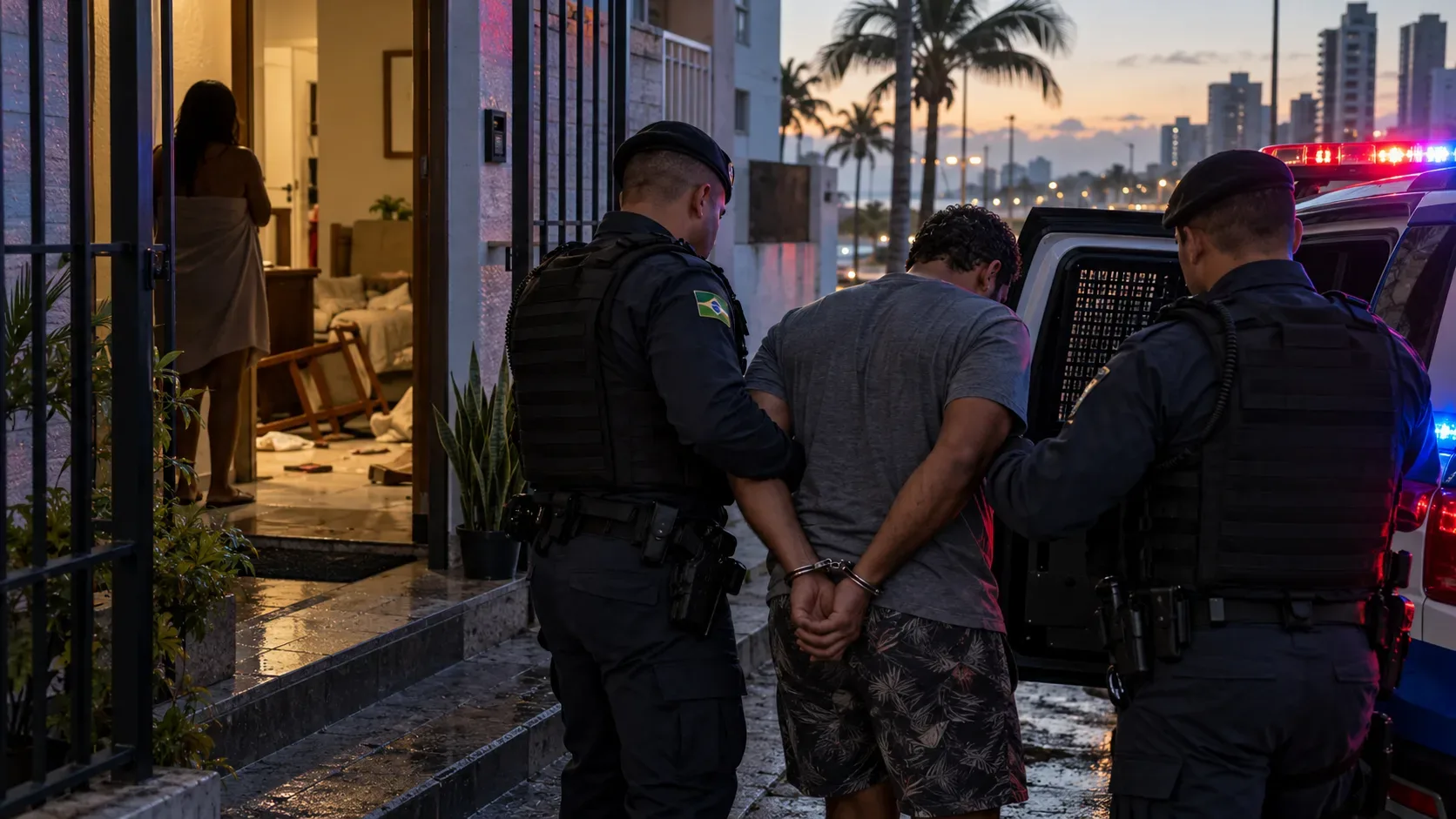 Ilustração digital de dois policiais conduzindo um homem algemado junto a uma viatura, com mulher vista de costas na entrada de uma casa e móveis desorganizados ao fundo.