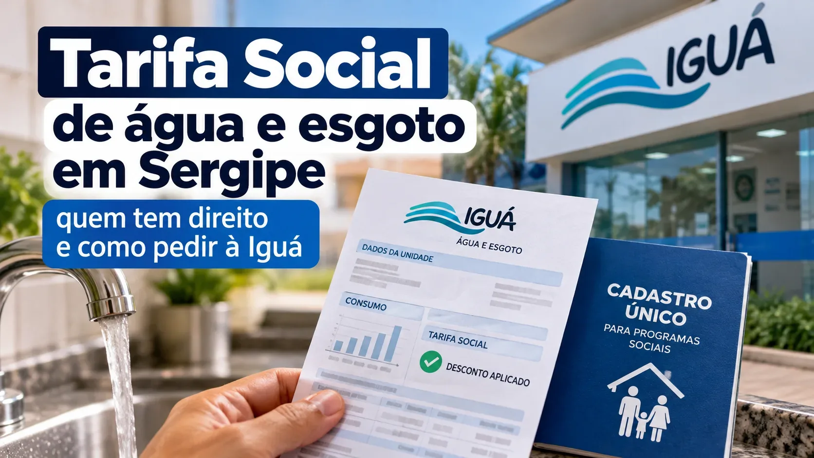 Arte editorial ilustrativa com torneira aberta, fatura simulada da Iguá indicando Tarifa Social e caderno do Cadastro Único diante de fachada de atendimento.