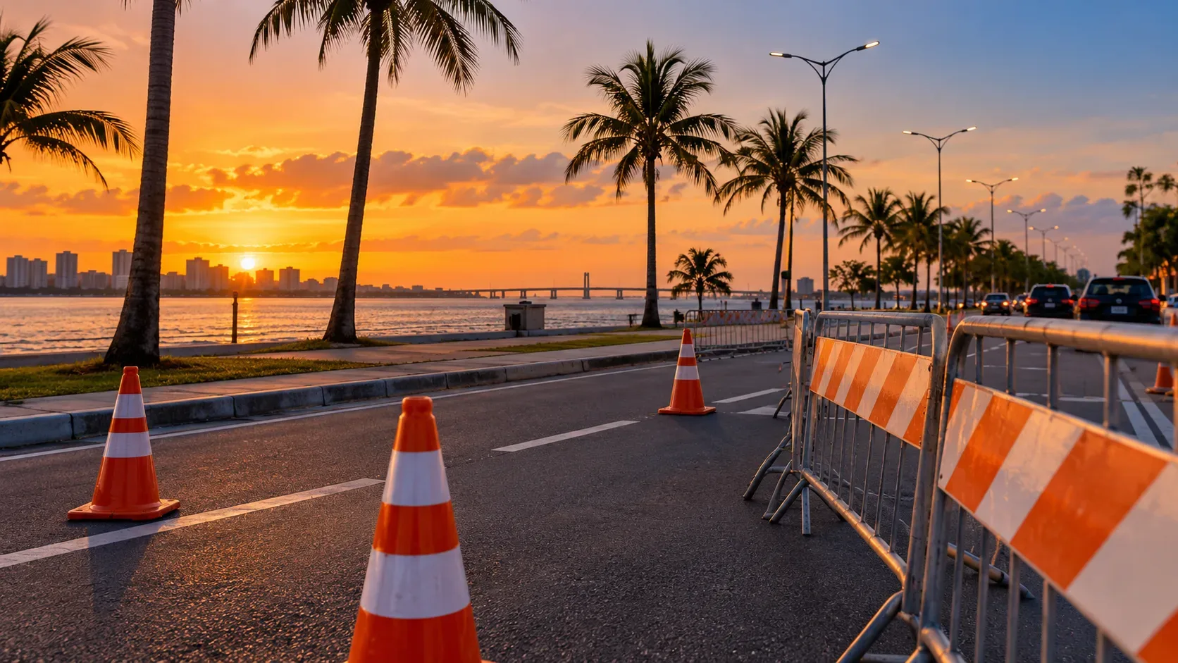 Ilustração editorial de avenida à beira-mar ao entardecer com cones e grades de sinalização delimitando parte da pista.