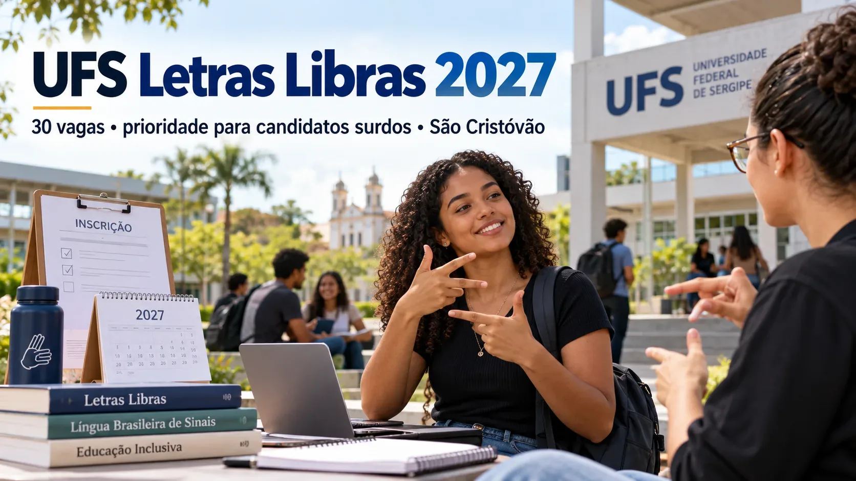 Imagem editorial ilustrativa com estudantes conversando por sinais, livros, notebook e quadro de inscrição; o texto UFS Letras Libras 2027 aparece sobre um cenário universitário.