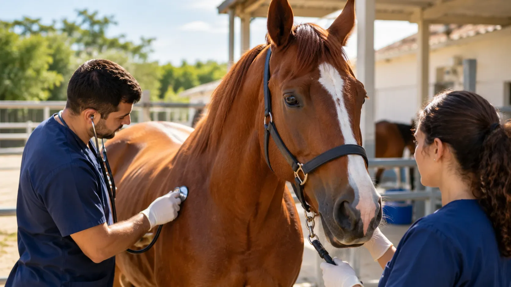 Ilustração editorial de cavalo castanho em ambiente de clínica veterinária, acompanhado por dois profissionais de roupa azul durante avaliação.