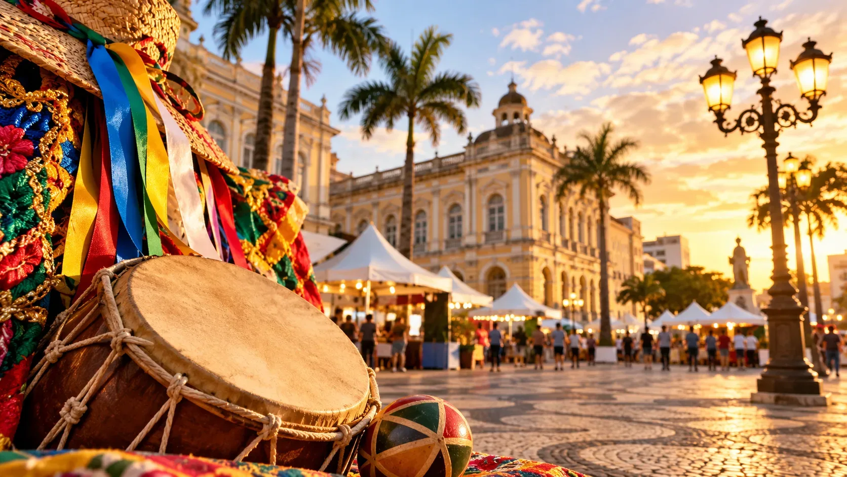 Ilustração editorial de festa cultural em praça histórica ao pôr do sol, com tambor, indumentária colorida, tendas e pessoas ao fundo.