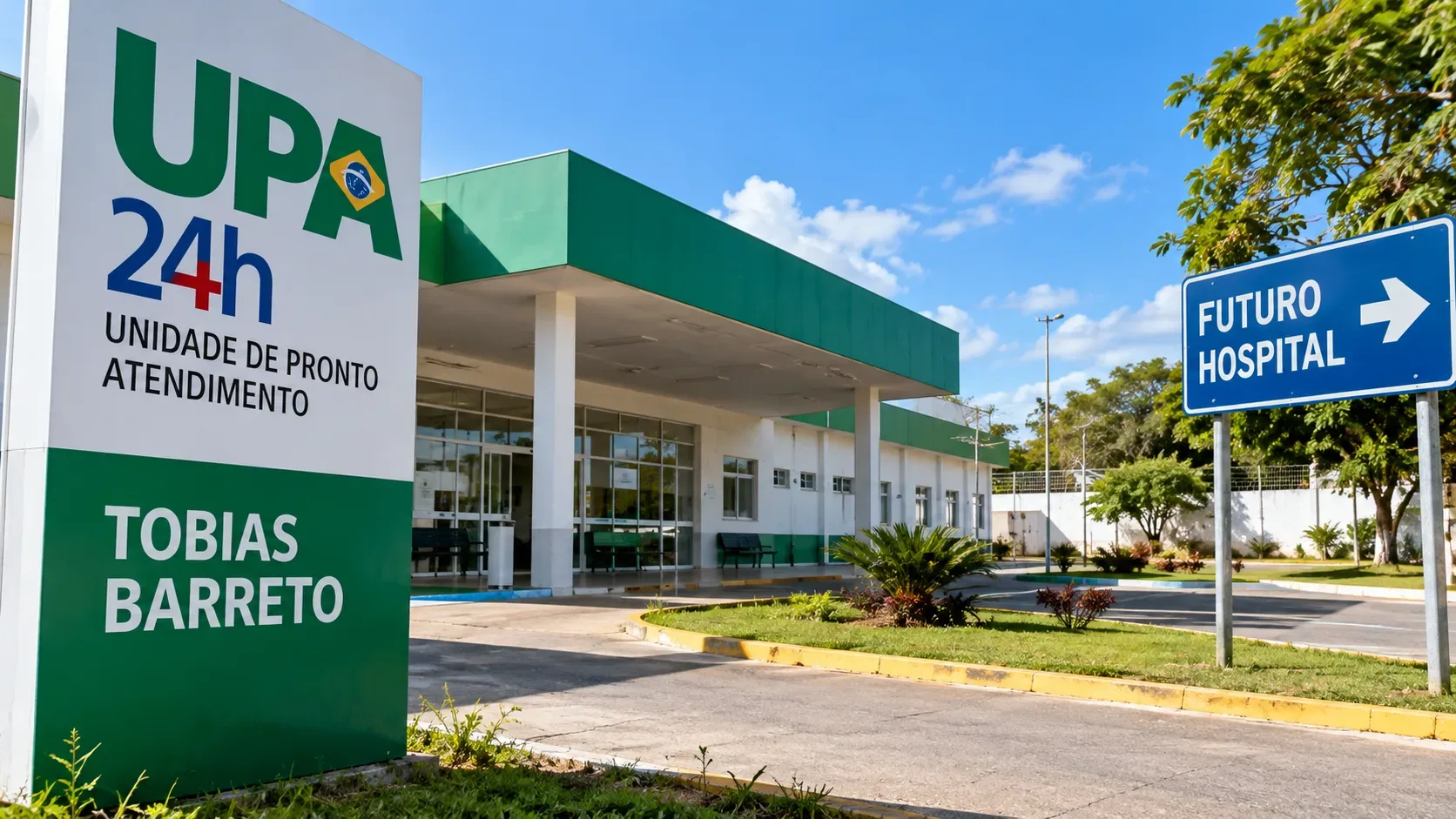 Ilustração digital de fachada genérica de unidade de saúde, com placa UPA 24h Tobias Barreto à esquerda e sinalização ilustrativa de futuro hospital à direita.
