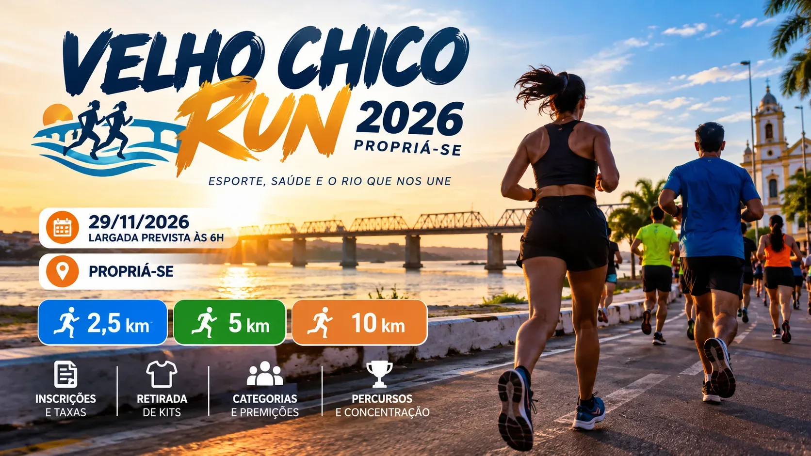 Arte editorial com corredores ao amanhecer junto a um rio, ponte e igreja ao fundo, com título e informações gráficas da Velho Chico Run 2026.