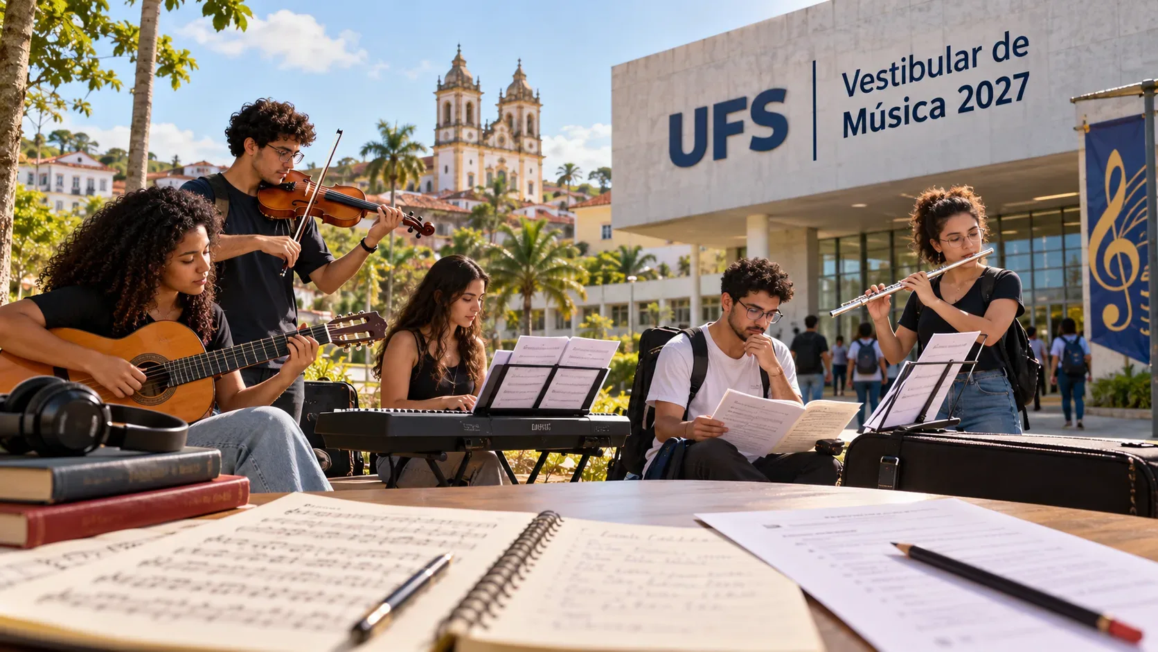 Ilustração sintética de estudantes com violão, violino, teclado e flauta junto a partituras e prédio universitário com letreiro UFS.